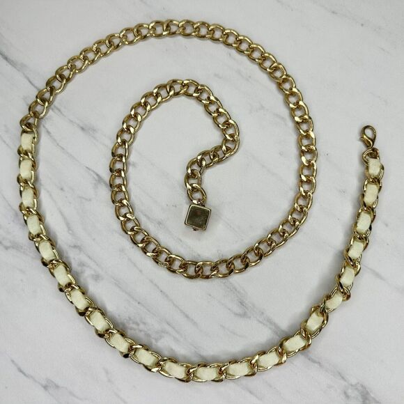 Cream Woven Gold Tone Metal Chain Link Belt One Size ✨ - Picture 1 of 12